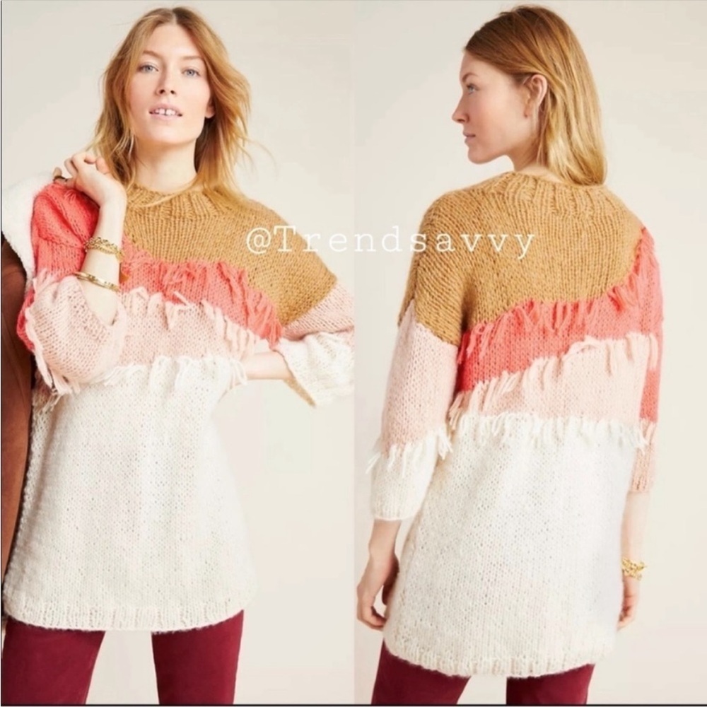Anthropologie Veronica Alfie Marlene Fringe Wool Tunic Sweater Pullover Small
